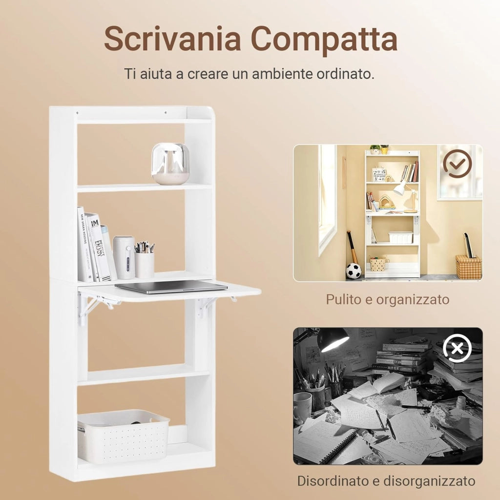 Scrivania Salvaspazio Scrivania Ufficio con Ripiani Tavolo Pieghevole da Parete Tavolo Richiudibile per Computer Scrittoio da Lavoro Naturale 64x58x145cm FWT92-H-W