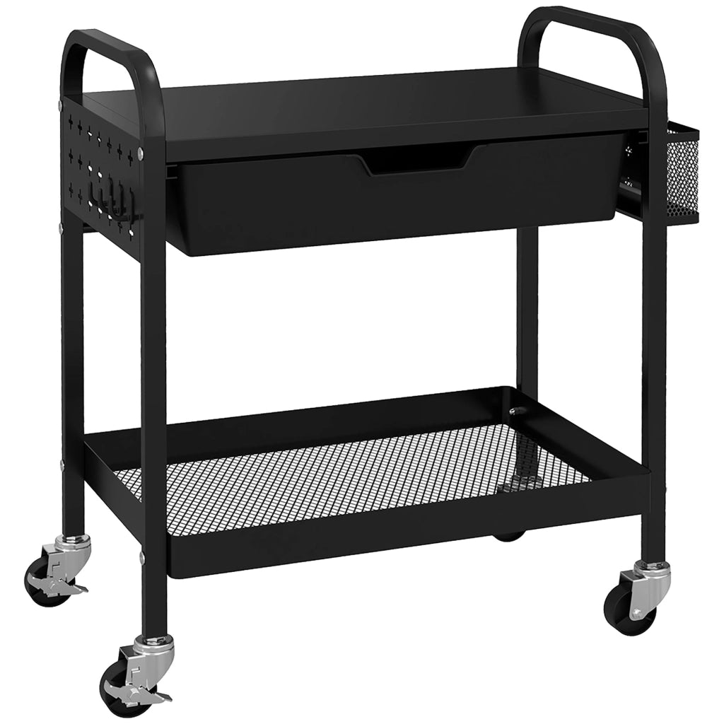Schwarzer Servierwagen mit Schublade, Haken und Ablage – flexibler Küchenwagen für Küche, Bad & Co.
