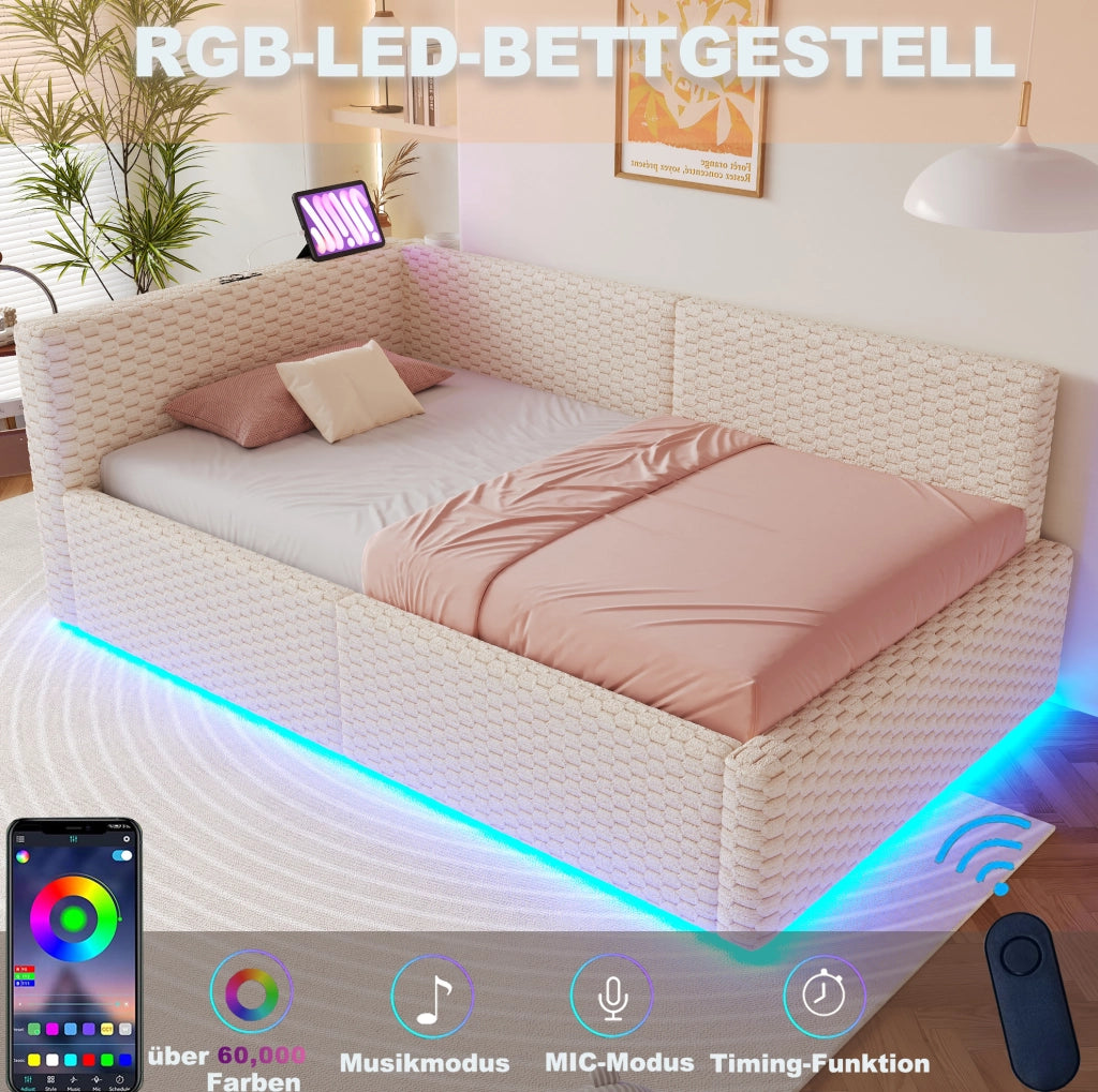 Letto imbottito 90 x 200 cm con LED, USB e vano contenitore