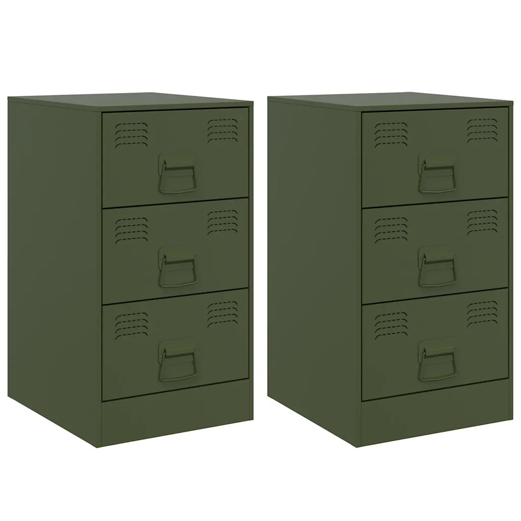 Set di 2 Comodini | Armadio da Notte | Mobiletto da notte Verde Oliva 34,5x39x62 cm in Acciaio