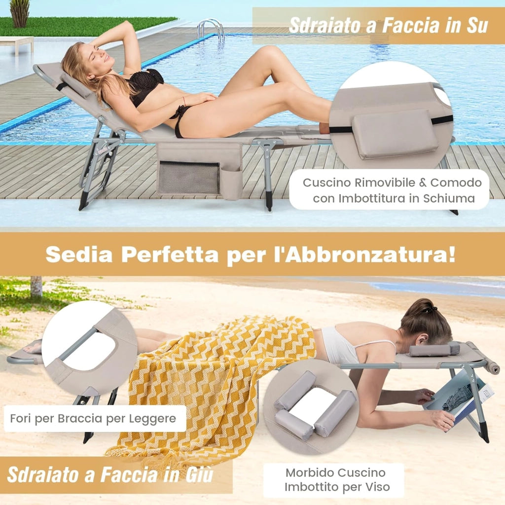 Lettino Prendisole Pieghevole Portatile, Lettino da Spiaggia con Fori per Viso e Braccia, Cuscino Poggiatesta e Tasca, Schienale Regolabile, per Mare e Piscina, Portata 180 kg (Grigio)