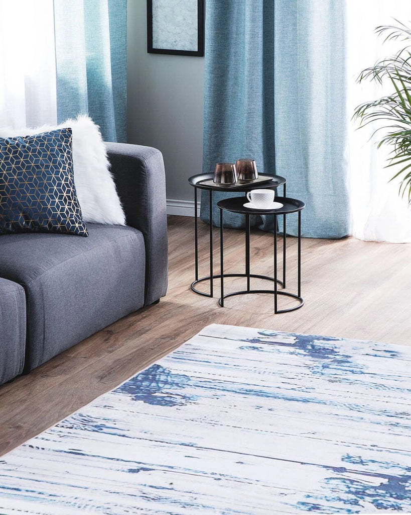Tappeto tappetino Moquette Tessuto in poliestere beige e blu Motivo astratto invecchiato Fondo rivestito in gomma 160 x 230 cm