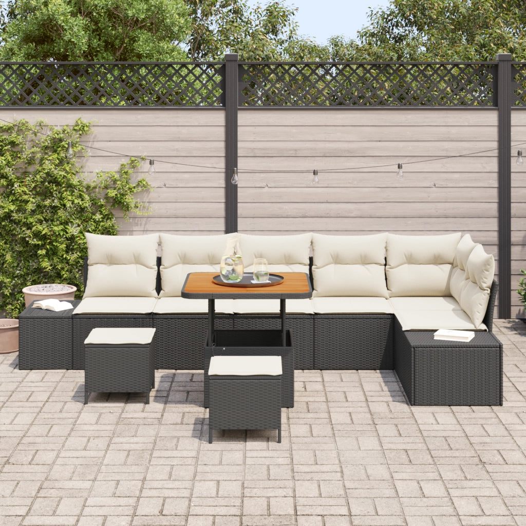 Set Divano Giardino 9 Pezzi con Cuscini Nero Polyrattan Acacia