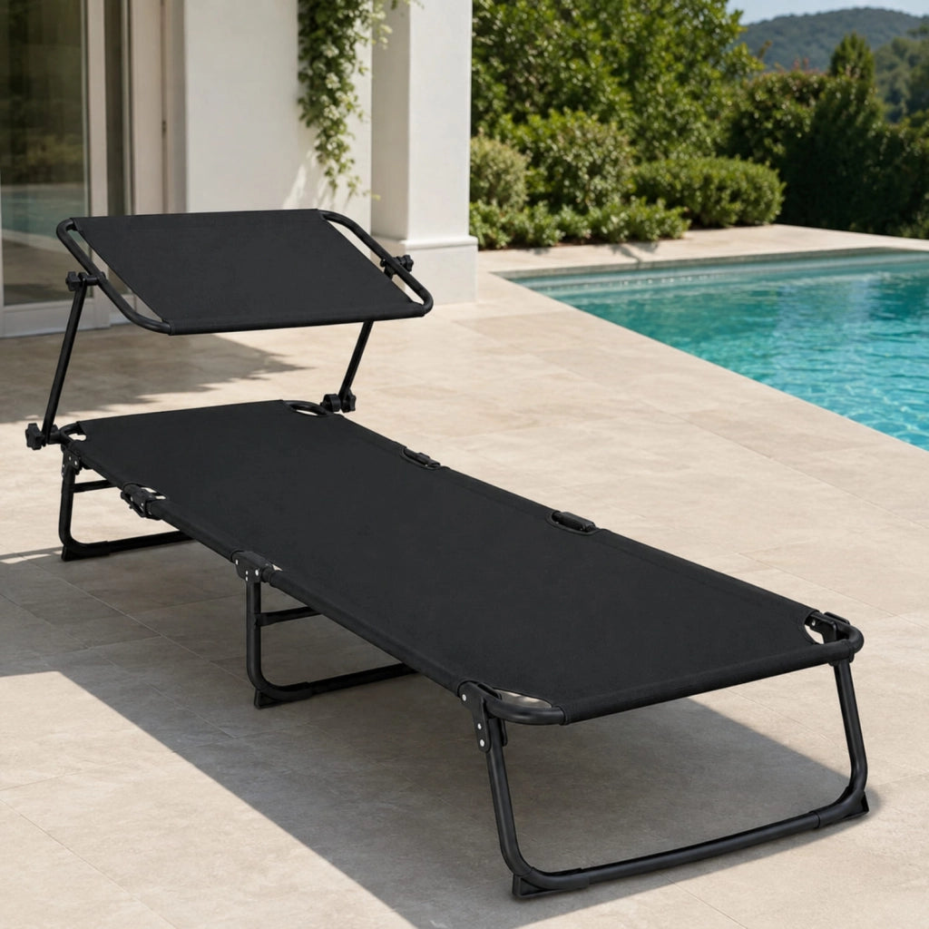 Lettino Pieghevole Sdraio Con Tettuccio Regolabile Schienale Reclinabile Parasole Prendisole Struttura In Metallo Sedia Sdraio Per Mare Spiaggia Giardino Piscina 187 x 53 x 24 Cm Nero