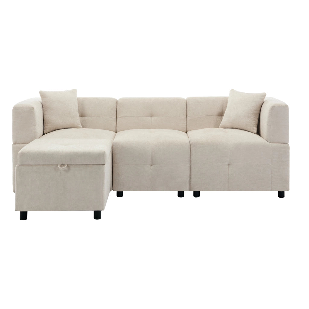 Divano modulare a 3 posti in chenille beige con poggiapiedi contenitore e 2 cuscini