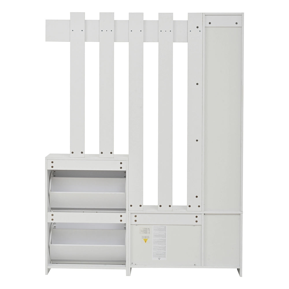 Vestiaire con specchio - Xylo - 135x25x180cm - Bianco - Compatto con 2 armadietti scarpe e 2 armadi