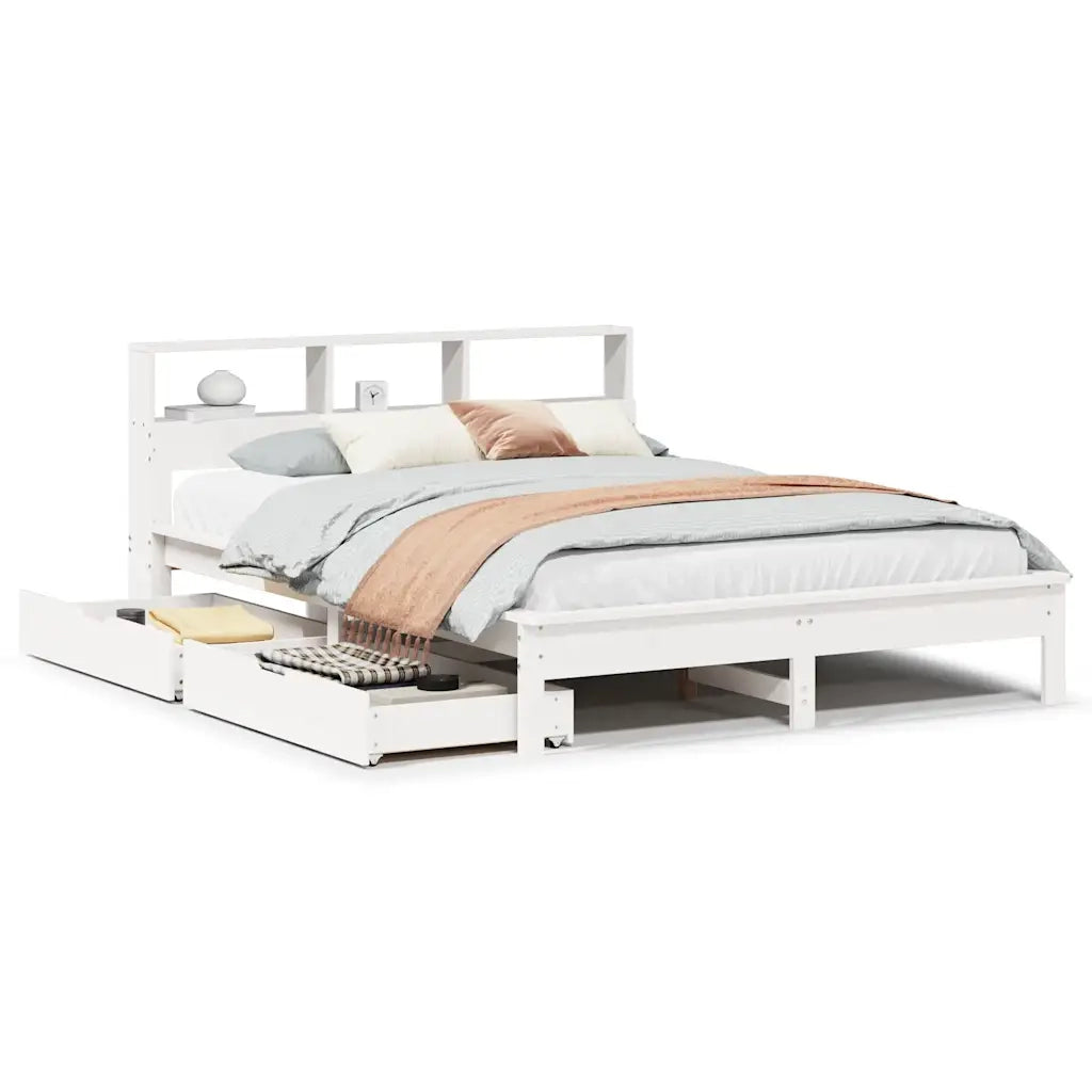 Letto Libreria senza Materasso-Struttura Letto con contenitore Bianco 140x190 cm Legno di Pino 251982