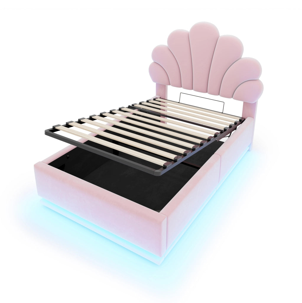Letto imbottito contenitore 90 x 200 cm rosa con LED e testiera a fiore