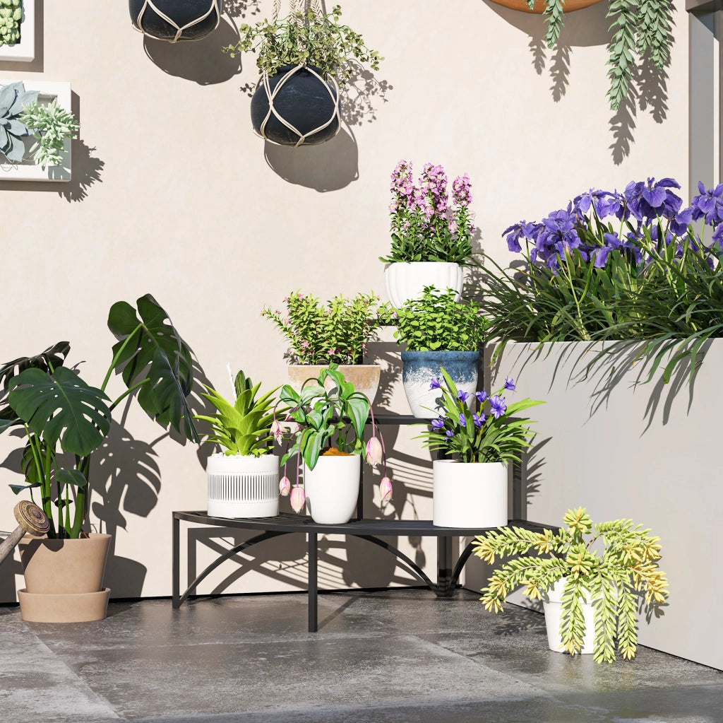 Espositore per piante a 3 livelli in metallo nero 87x60x60 cm, per interno ed esterno