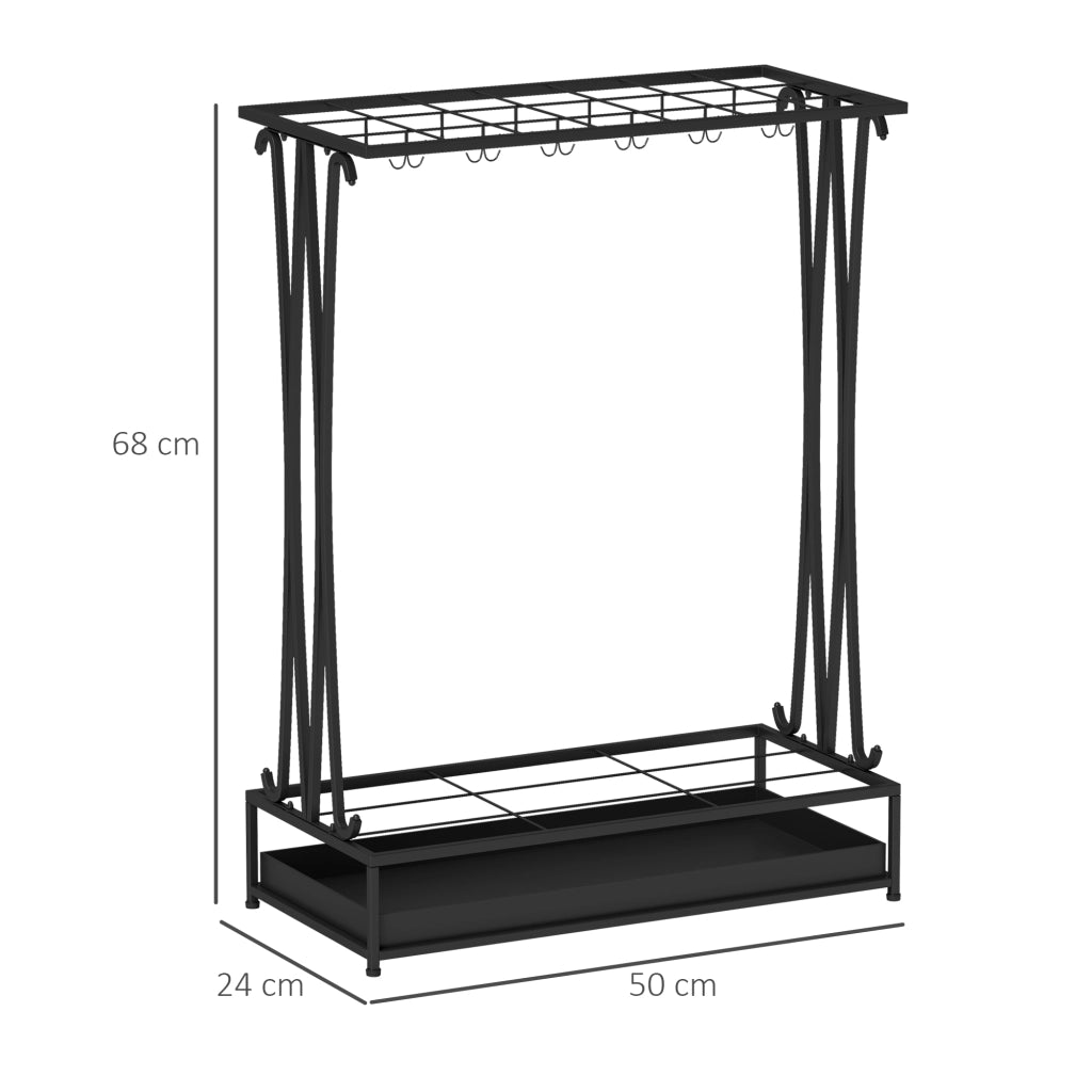 Portaombrelli rettangolare in acciaio nero con vaschetta raccogligocce, 21 alloggi e 24 ganci, 50x24x68 cm