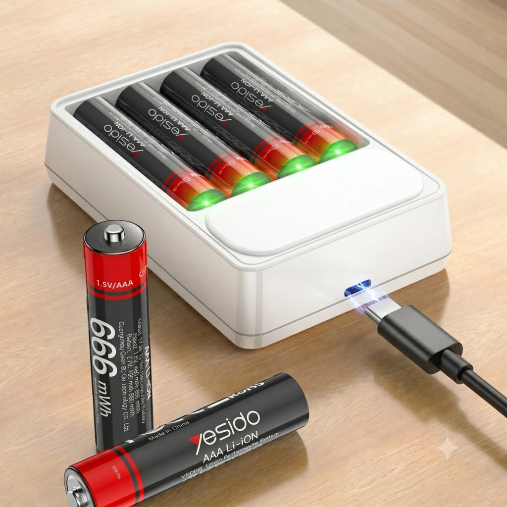 8x Batterie AA Litio 440mAh 1.5V 666mWh Ricaricabili USB-C Nero / Rosso Yesido