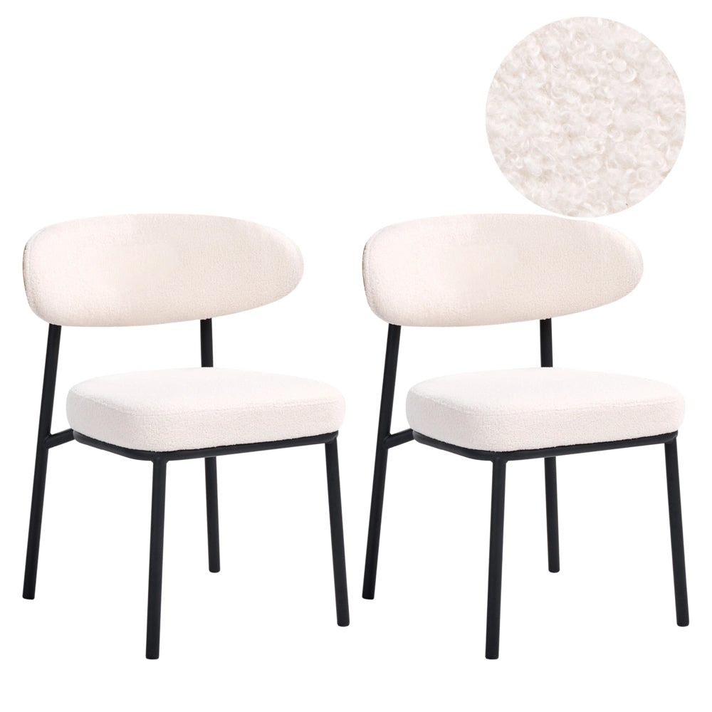 Set di 2 sedie da pranzo bianco sporco con gambe in ferro nero senza braccioli e cappucci protettivi, design moderno e minimalista per la sala da pranzo
