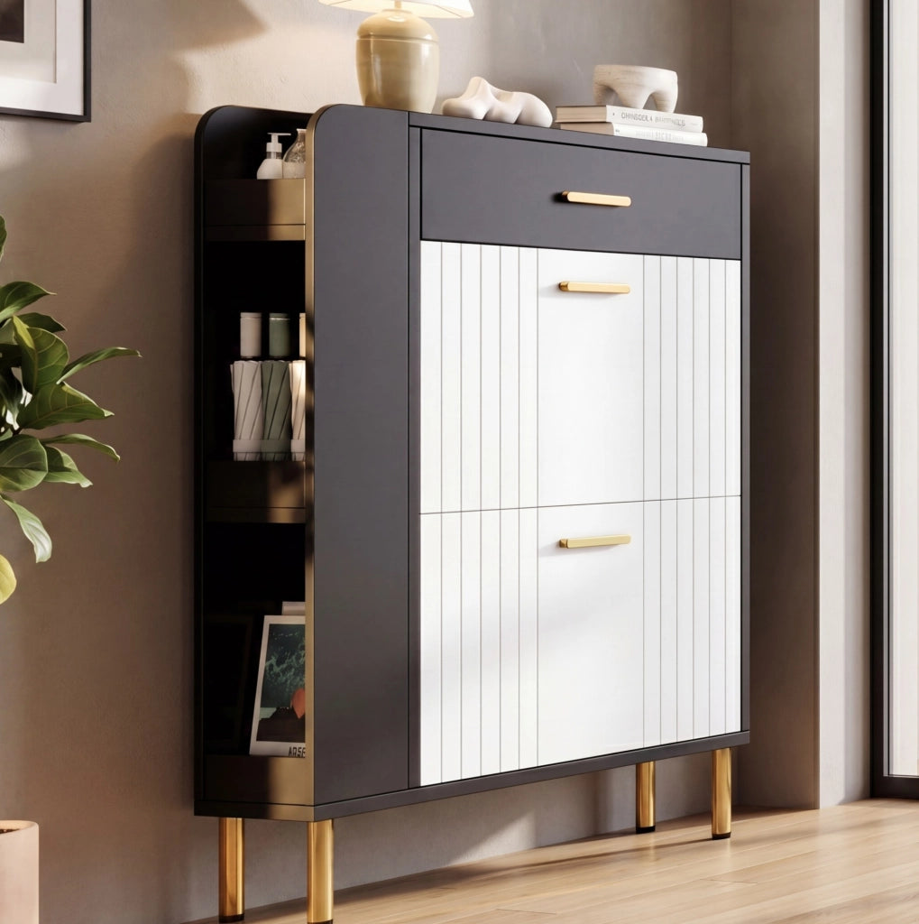 Scarpiera slim con 2 ante a ribalta; 1 cassetto e 3 scomparti aperti; 80x24x105 cm; bianco e nero