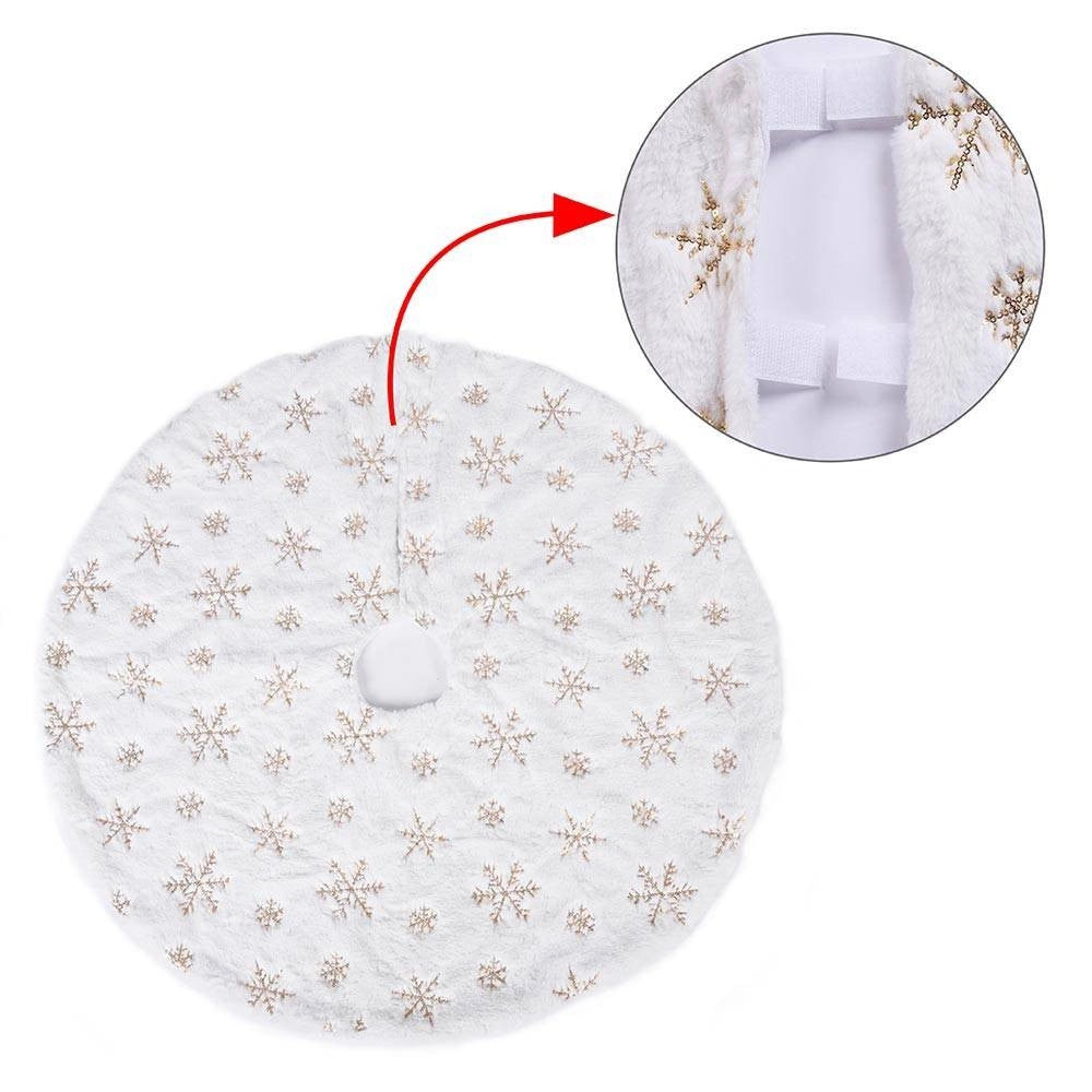 Trade Shop - Tappeto Gonna Copertura Base Albero Di Natale 80cm Peluche Fiocchi Di Neve Gold -