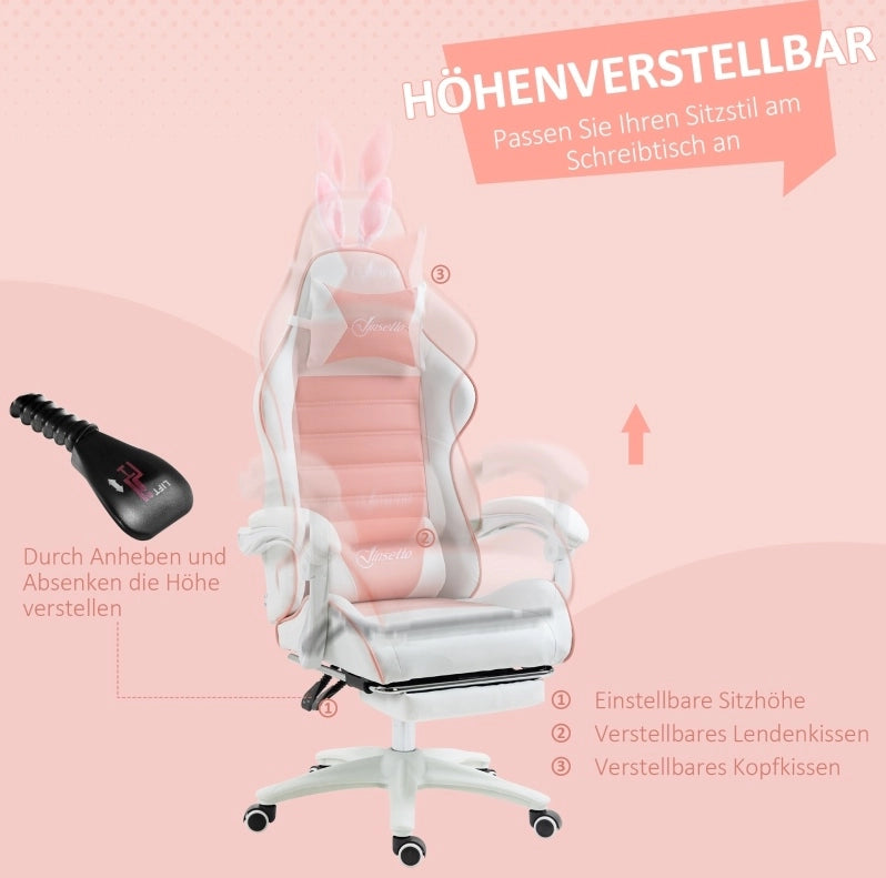 Sedia gaming rosa con orecchie da coniglio e poggiapiedi