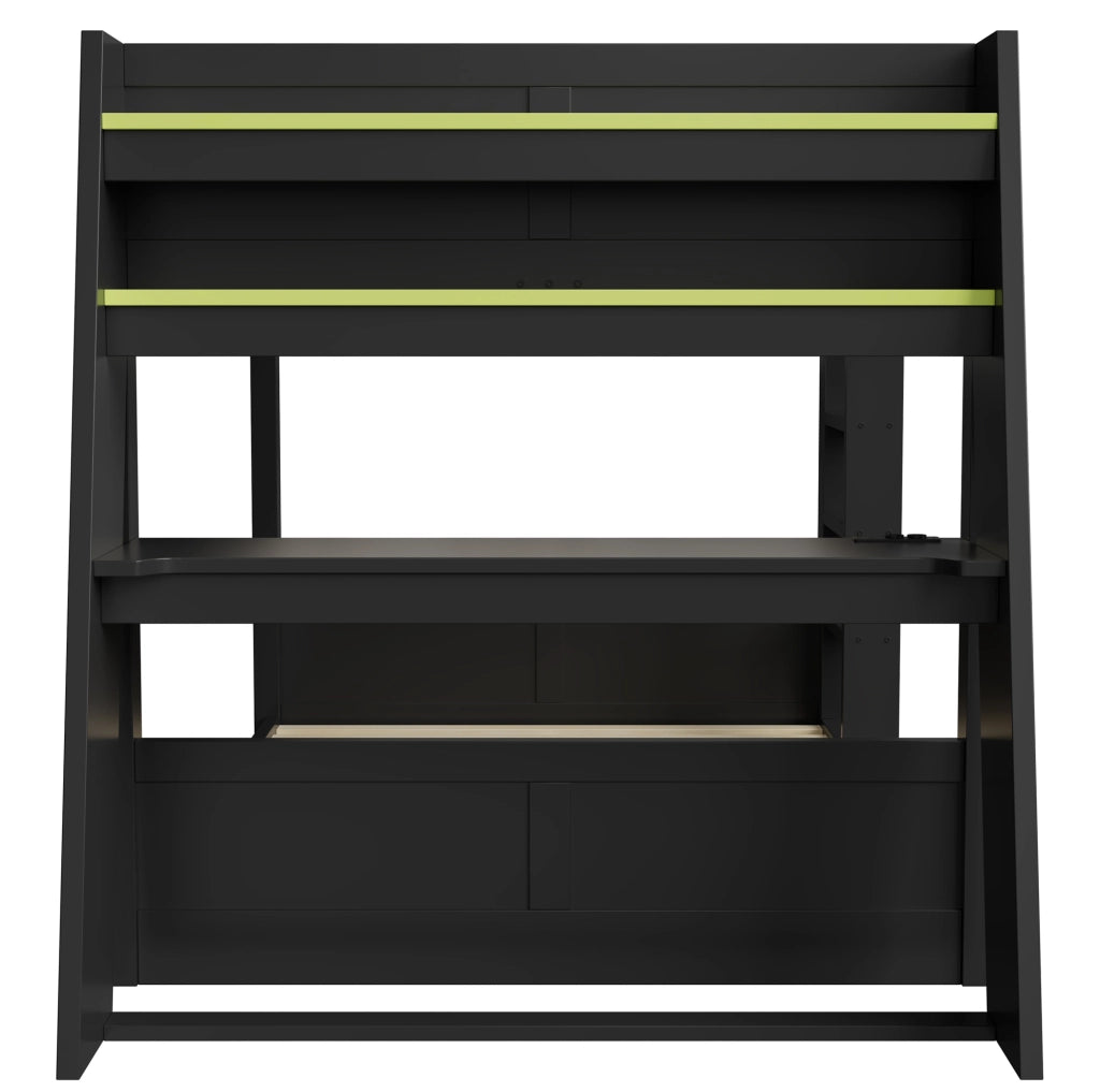 Letto a castello gaming 140x200 cm con scrivania; LED e USB in legno MDF e pino; nero