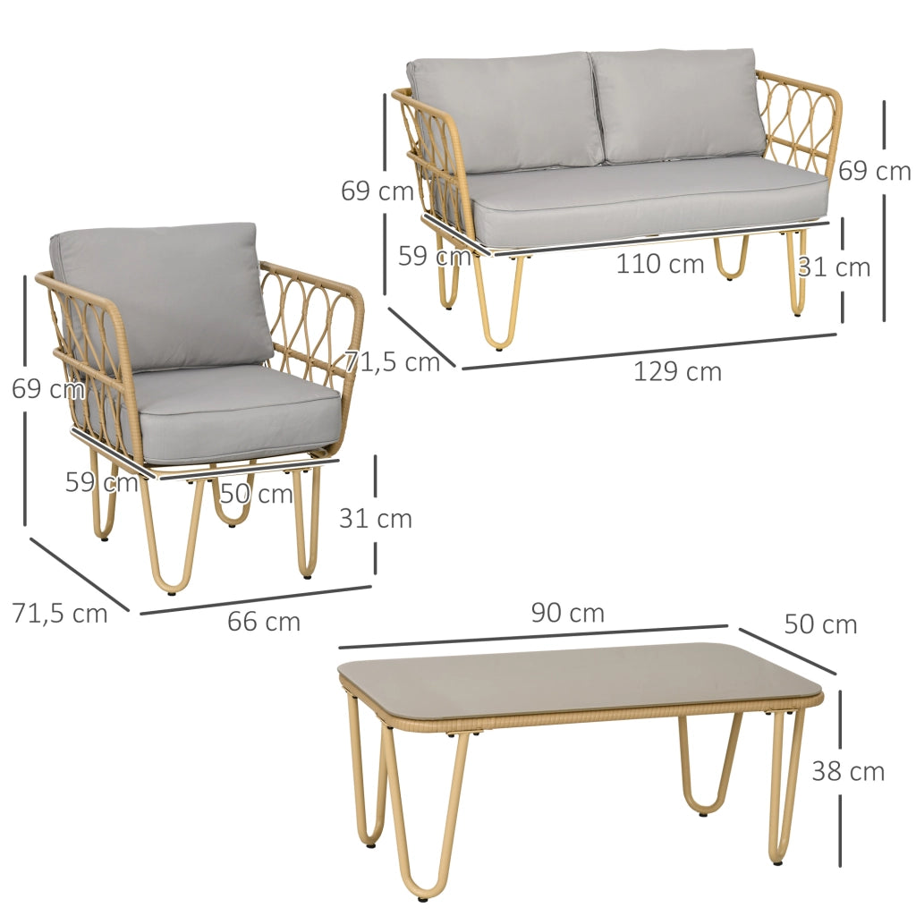 Set divano da giardino 2 posti + 2 poltrone + tavolino in vetro temperato ¨C zephmum ¨C grigio con 7 cuscini