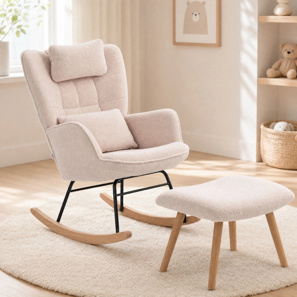 Poltrona a dondolo con poggiapiedi; schienale alto; in poliestere beige