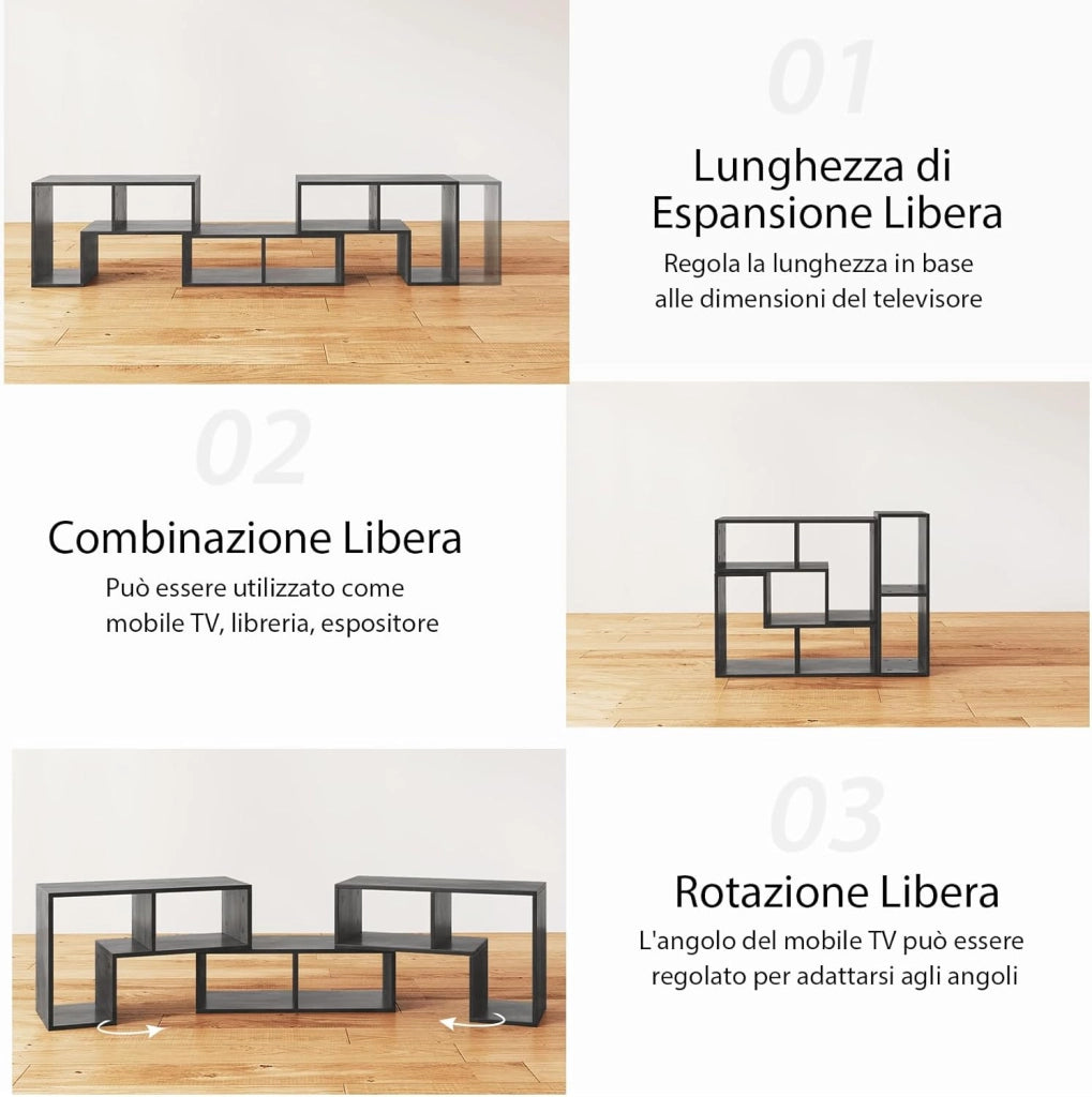 Mobile Porta TV Combinabile con Ripiani Aperti, per TV Fino a 65 Pollici, Mobile TV di Legno per Camera da Letto, Soggiorno, Capacità di Carico Massima 80 kg, 134-180 x 30 x 43 cm (Grigio)