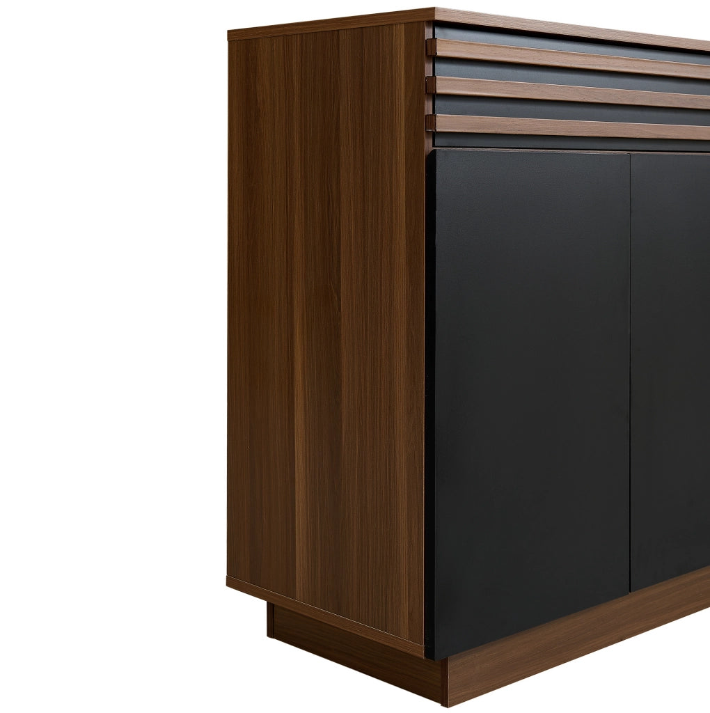 Sideboard 150x40x85 cm in MDF effetto legno marrone e nero; 2 cassetti e 4 ante