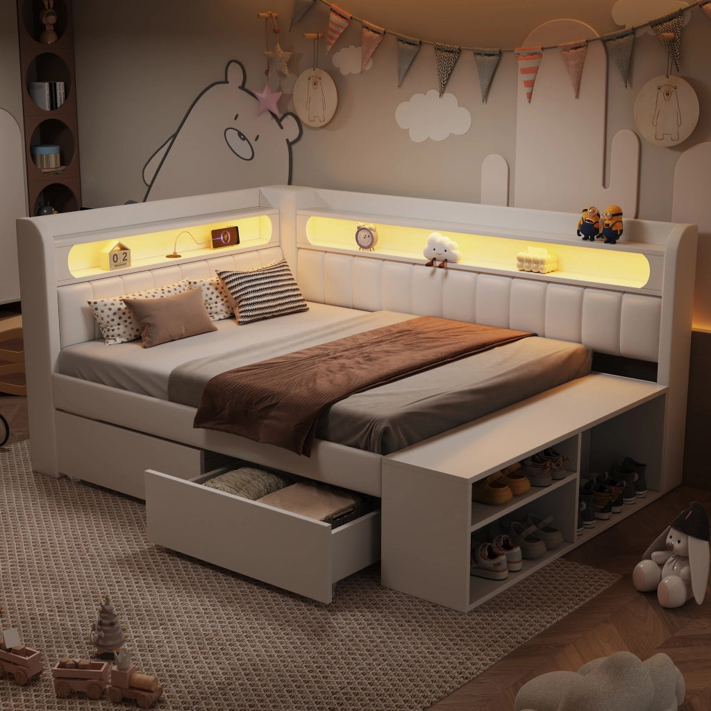 Letto Contenitore Letto Singolo 90x200 cm; USB; LED; 2 Cassetti; in MDF; Bianco