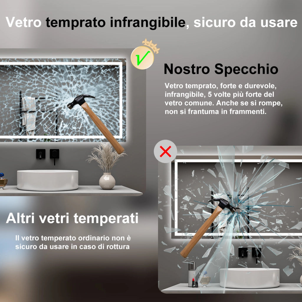 AICA Specchio da bagno  80 x 150 cm, dimmerabile, interruttore touch, Funzione Memoria, antiappannamento, 3 colori