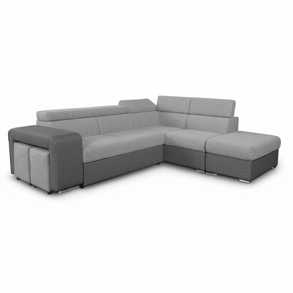 Divano Letto Angolare Sophie con Penisola Destra, 2 Pouf Estraibili e Pouf Contenitore – grigio e Grigio Chiaro