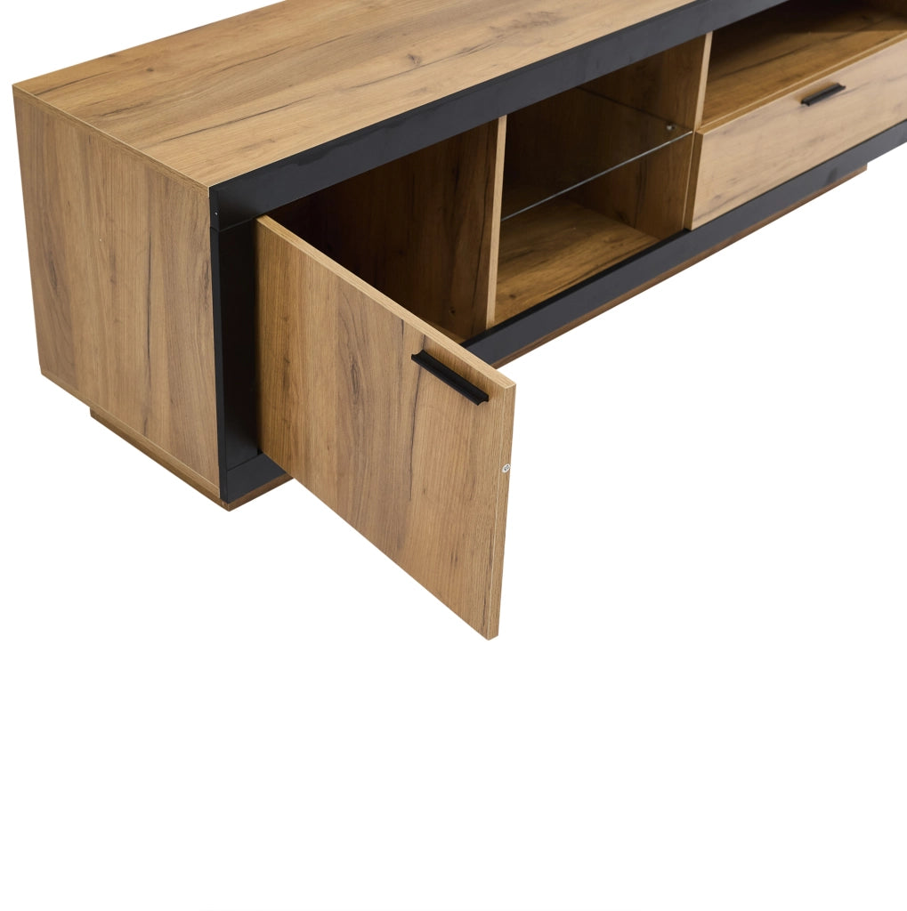 Mobile TV 160 cm nero e rovere con LED, vano portaoggetti, 2 colli