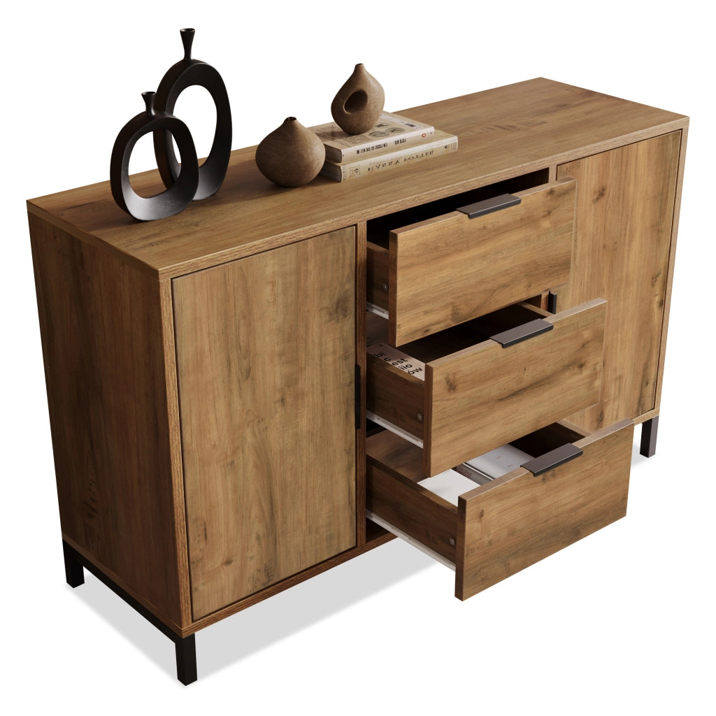 Cassettiera con 2 Ante e 3 Cassetti con Ripiano Regolabile; Stile Industriale; in Pannelli; Rovere Scuro; 120??40??76 cm