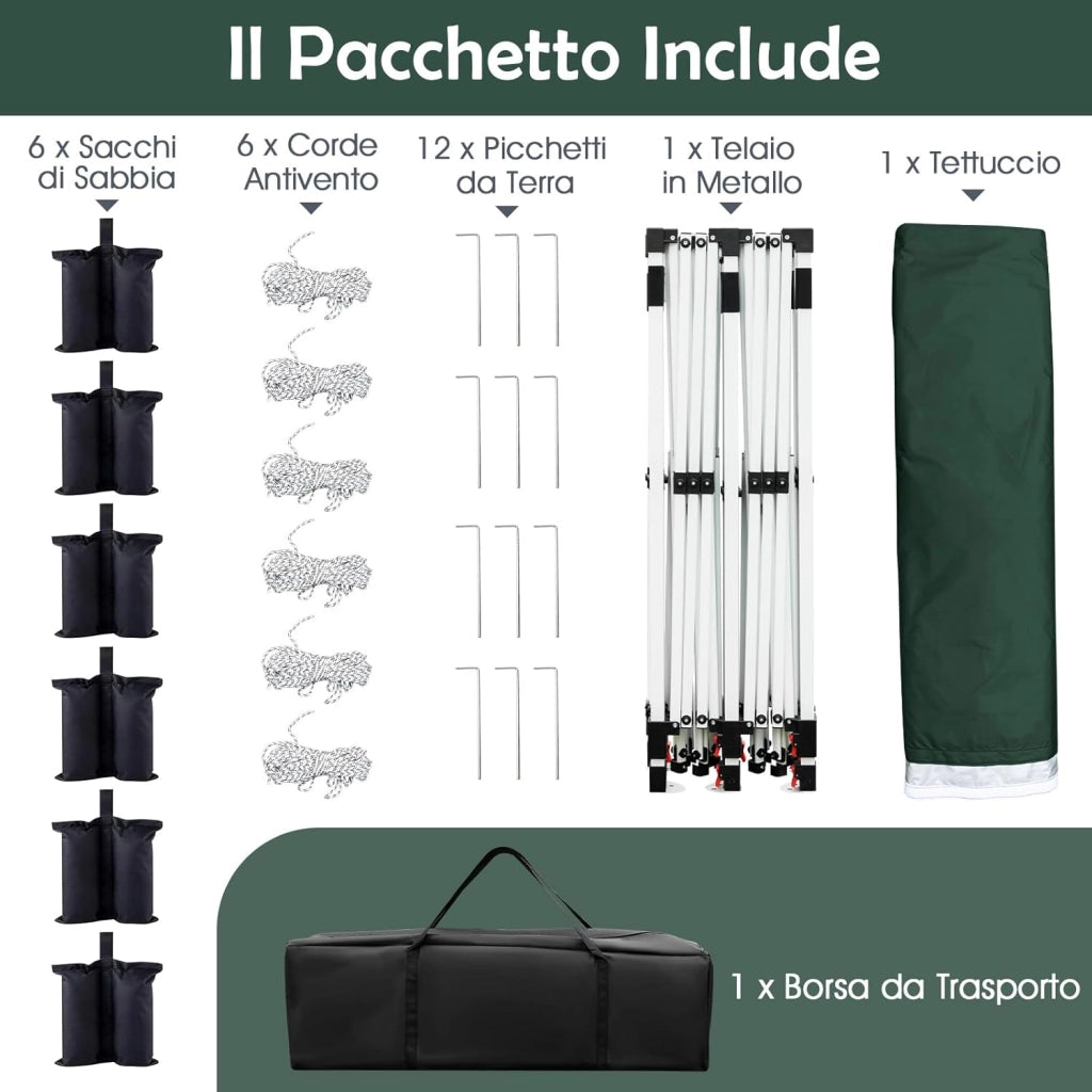 Gazebo Pieghevole da Giardino 3 x 6m, Gazebo Pop-up con Borsa da Trasporto, Regolabile in Altezza, per Feste (Verde)