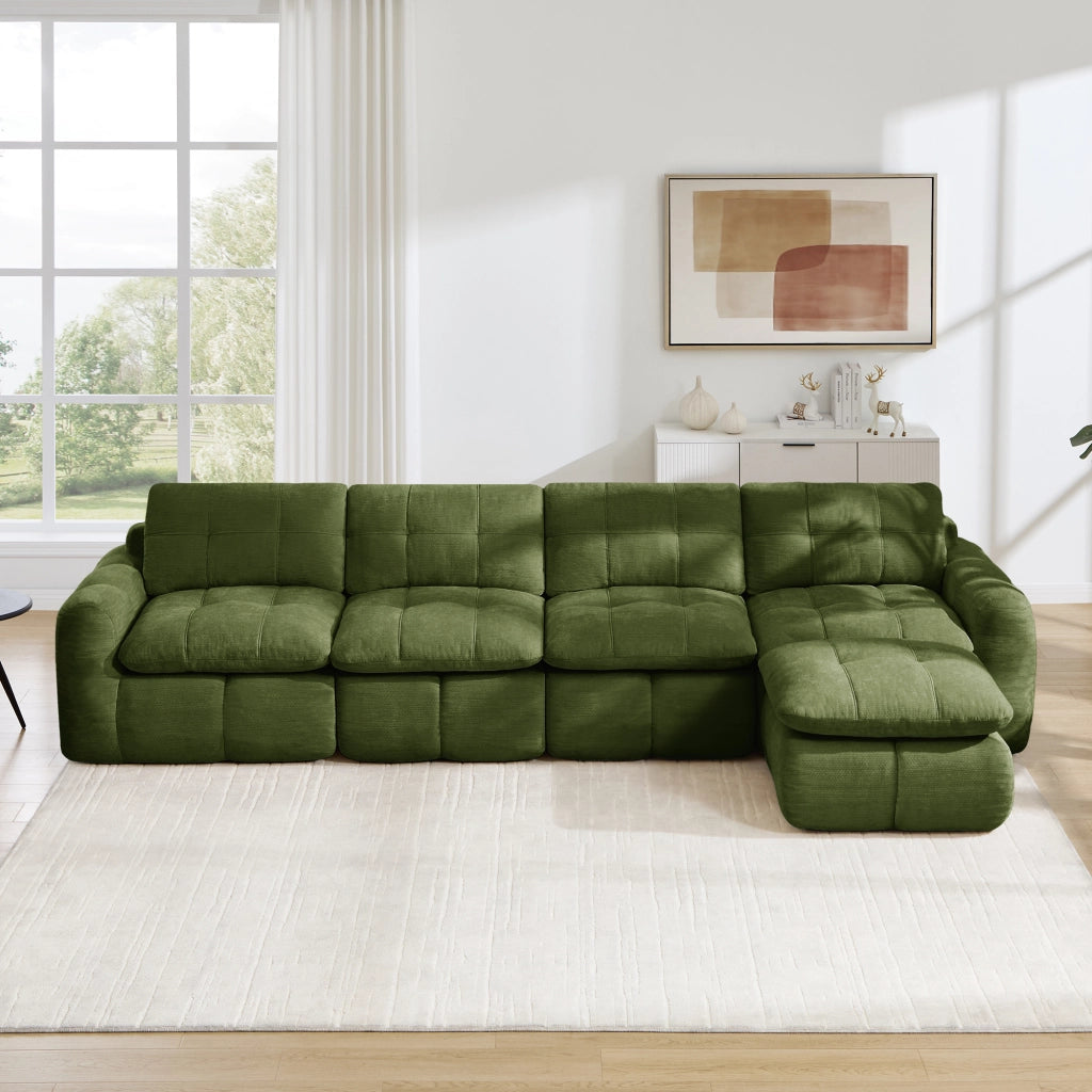 Divano modulare angolare 4 posti con pouf design trapuntato seduta ampia e profonda ergonomica in chenille verde 334 × 160 × 68 cm