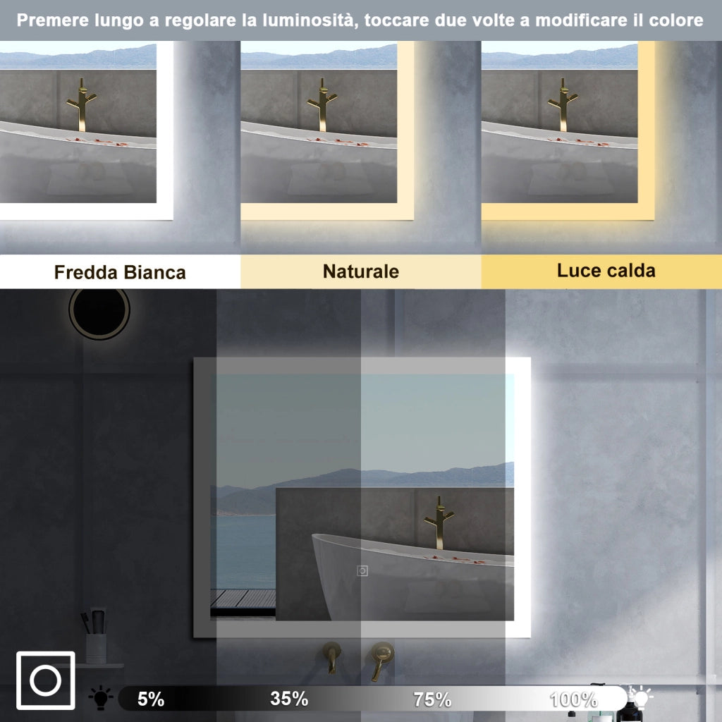 Specchio da bagno Rettangolare con 90x70cm,3 colori,Memoria, Antifog,Regorabile,Retroilluminato,doppio interruttore,