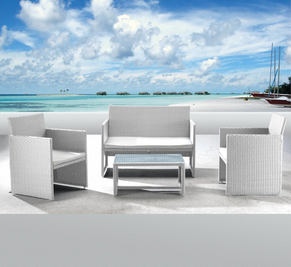Salotto da esterno divano, due poltrone e tavolino, Polyrattan bianco, cuscini grigio chiaro Fredi Cileva