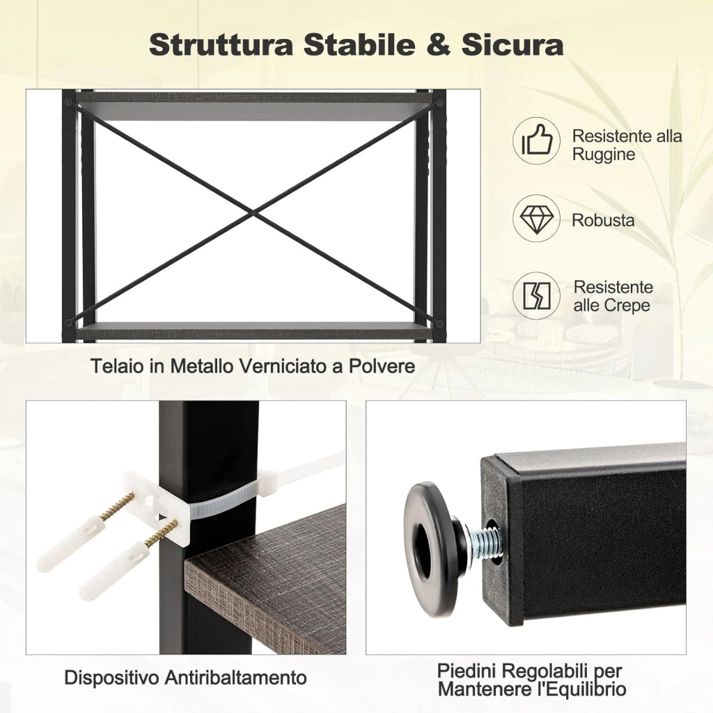 Scaffale 4 Ripiani, Libreria Scaffale con Telaio in Metallo Kit Antiribaltamento e Piedini Regolabili, Scaffale Espositivo per Soggiorno Cucina Ufficio, 56x34x138 cm (Caffè)