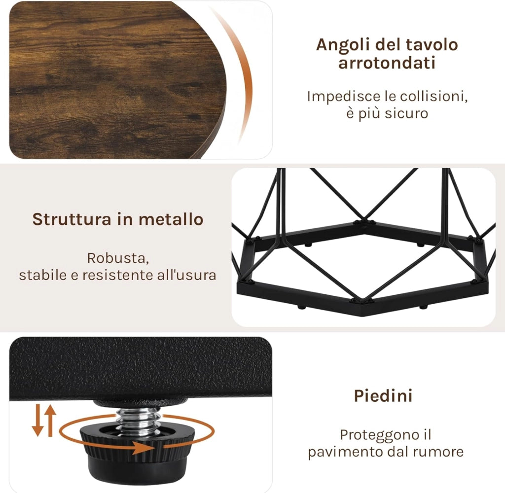 Tavolino da Salotto Rotondo, Tavolino da Caffè con Struttura in Metallo per Soggiorno, Balcone, Divano e Letto, Marrone Rustico+Nero, BTS27vbn