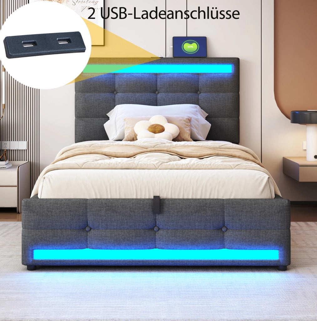 Letto singolo imbottito 90x200 cm con LED RGB e USB grigio