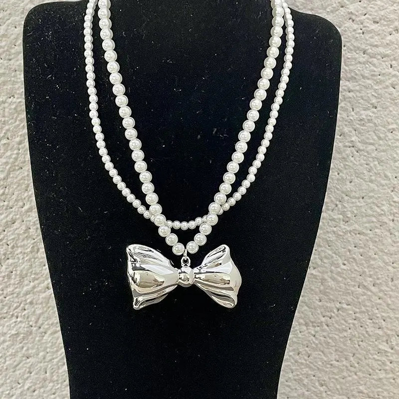 Collana doppia fatta a mano con fiocco in argento e perle, regalo di Natale per donna, regalo di compleanno
