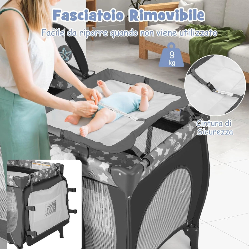 5 in 1 Lettino da Campeggio con Materasso, Lettino Neonato da Viaggio Pieghevole, Box Bambini Portatile con Borsa, Zanzariera, per Bambini 0-36 Mesi (Stella Grigia)