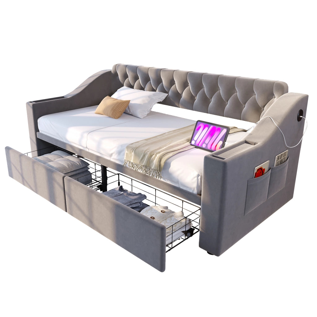 Letto imbottito trasformabile 90x190 cm in velluto con contenitore, USB e cassetti, grigio chiaro