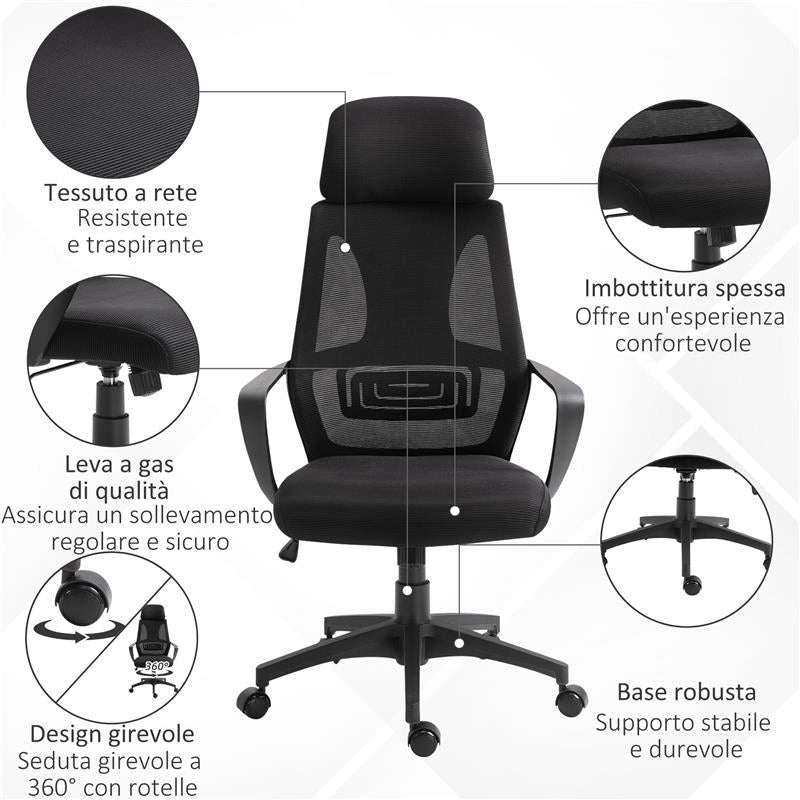 SEDIA DA UFFICIO RECLINABILE CON POGGIATESTA E SUPPORTO LOMBARE IN POLIESTERE 64X55X116-126 CM NERO
