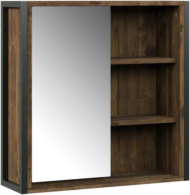 Specchio contenitore bagno Naola, Quercia/nero, 62.2 x 62.5 cm con 1 porta a specchio, per la conservazione di articoli da bagno e asciugamani
