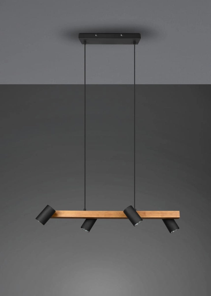 Lampadario Marley nero/legno 4 luci GU10 Trio h150cm