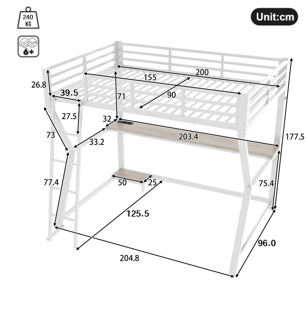 Letto a soppalco 90x200 cm con scrivania, LED e USB