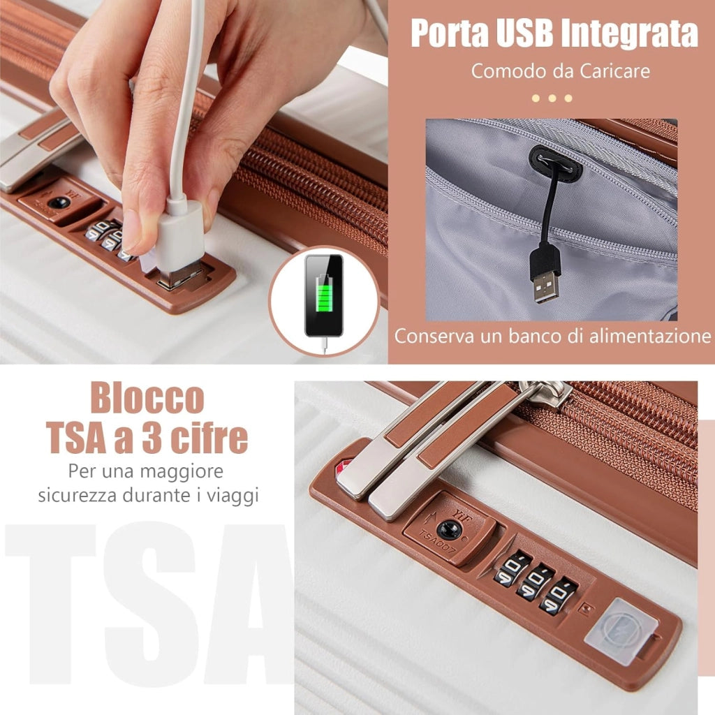 Set di Bagagli da 2 Pezzi, Valigia Trolley da 20" e Casetta da Trucco da 14" in Materiale PP Rigido Leggero con Lucchetto TSA, Porta USB e Ruote Girevoli, Bagaglio a Mano Espandibile (Bianco)