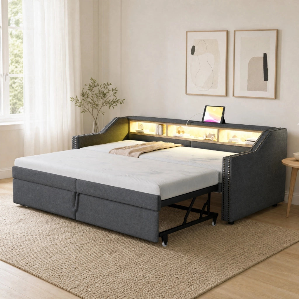 Divano letto estraibile 90/180x200 cm con LED, USB e vani laterali
