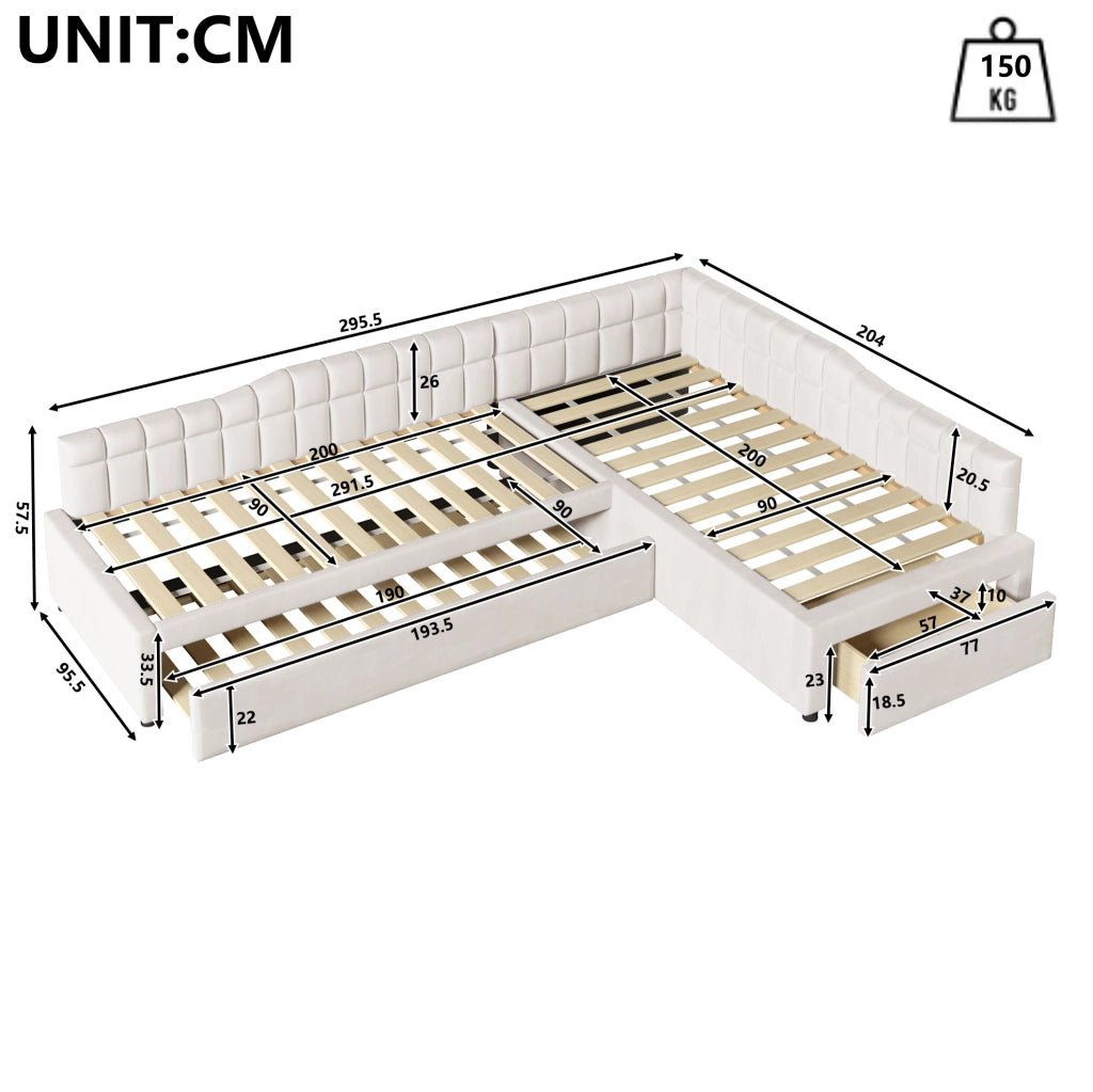Letto imbottito a L 90x200 beige con letto estraibile