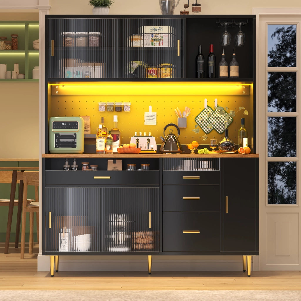 Credenza Alta da Cucina con 2 Ante Scorrevoli in Vetro; Ripiani Regolabili e LED; in MDF; 145×39×171 cm; Nero