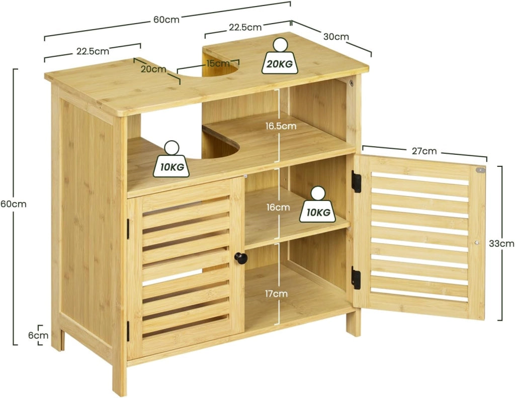 Mobile da Bagno Sotto lavabo, Mobile da Bagno in Bambù con 2 Porte Griglia Magnetiche e 1 Scomparto Aperto, con Ripiano Regolabile, 60x30x60cm