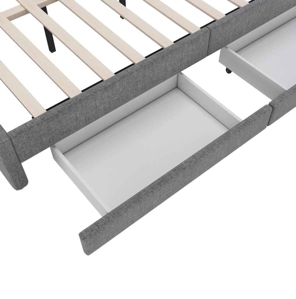 LETTO 140x200 cm in lino grigio con LED, USB e 2 cassetti