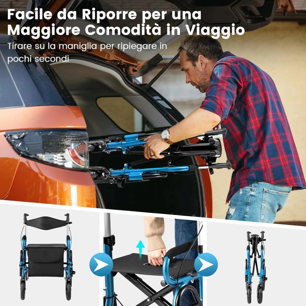 2 in 1 Deambulatore Pieghevole e Sedie a Rotelle per Anziani in Alluminio, Rollator Altezza Regolabile con Seduta e Freni, Girello per Anziani con Ruote Robuste, Carico Massimo 140 kg (Blu)